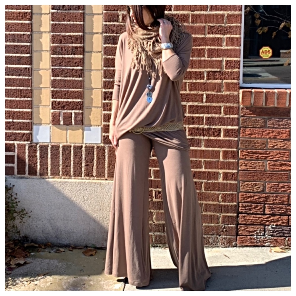 Wide-leg mocha jersey knit pants and top